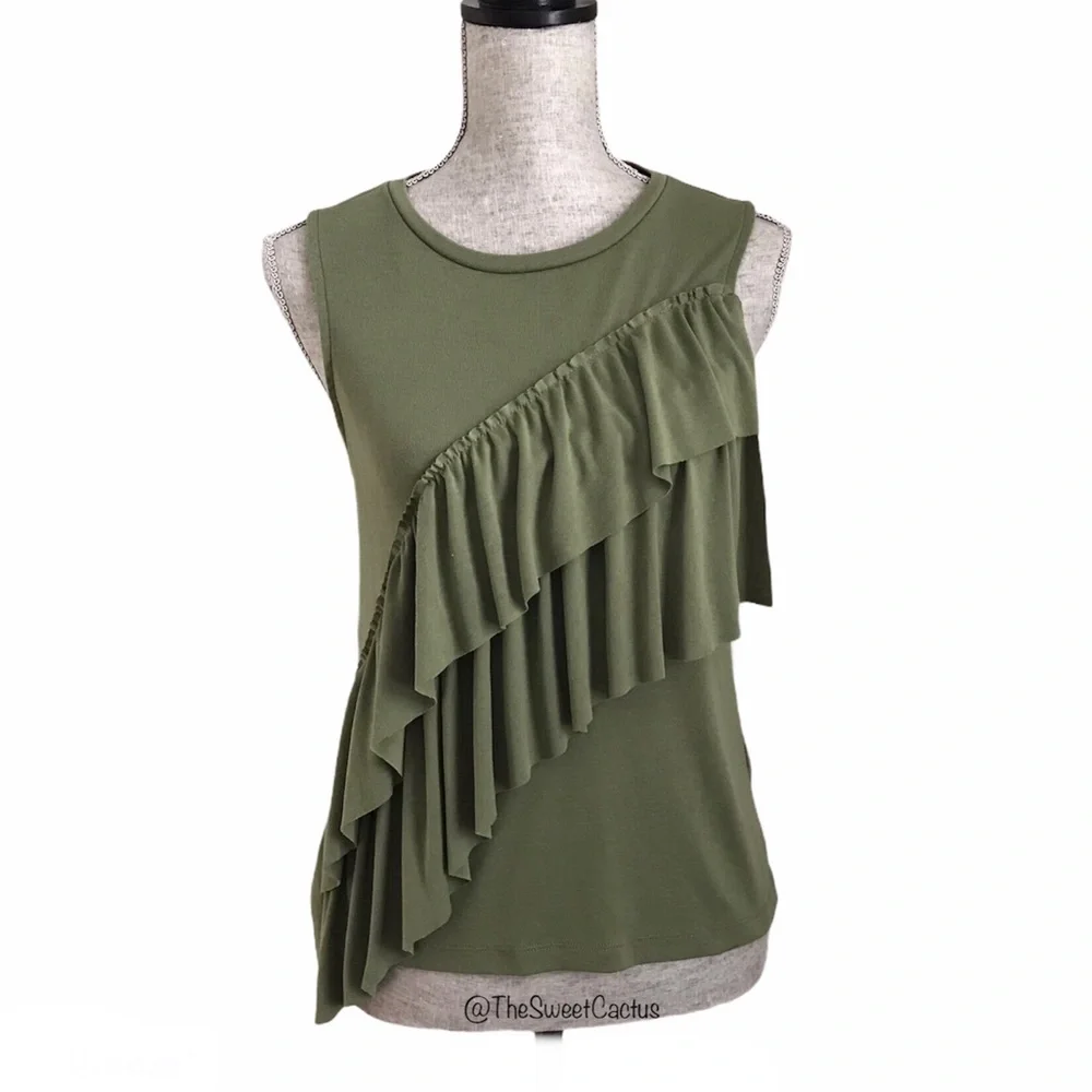 J.Crew Olive Green Asymmetrical Ruffle Tank Top Sleeveless Knit Blouse Small